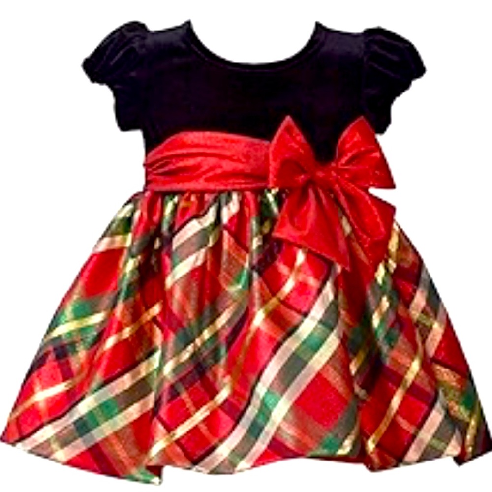 BONNIE JEAN SPECIAL OCCASION DRESS BLK VELVET W RED GREEN GOLD METALLIC PLAID 5